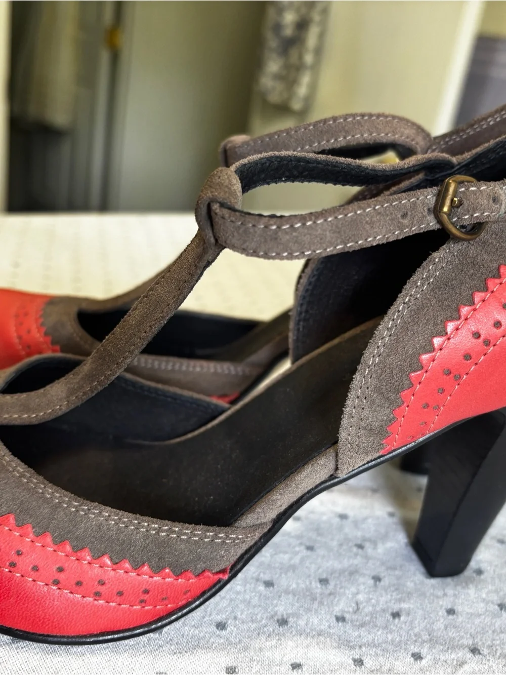 NWOT! Sundance Two-Tone T-Strap Heels in Coral Red and Brown NEW Mary Jane’s